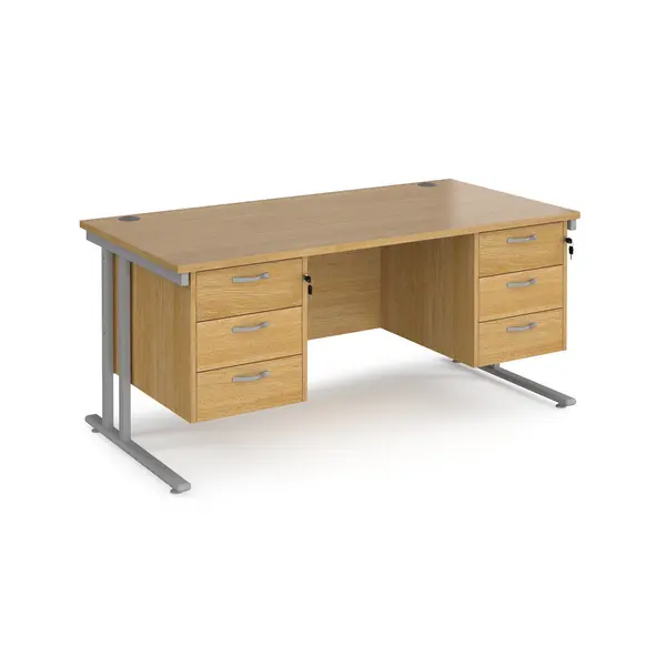 image of Maestro 25 Oak Straight Office Desk with Two x 3 Drawer Pedestal and Silver Cantilever Leg Frame - 1600mm x 800mm