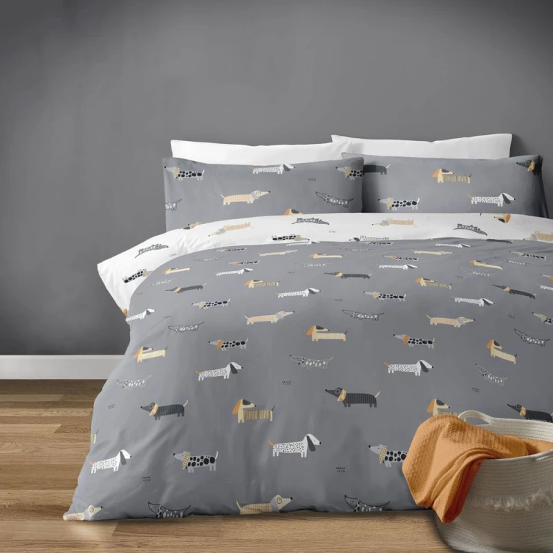 Image of Bellissimo Home Dachys Grey and white dachshund sausage dog design polycotton duvet set. - Super King Bed