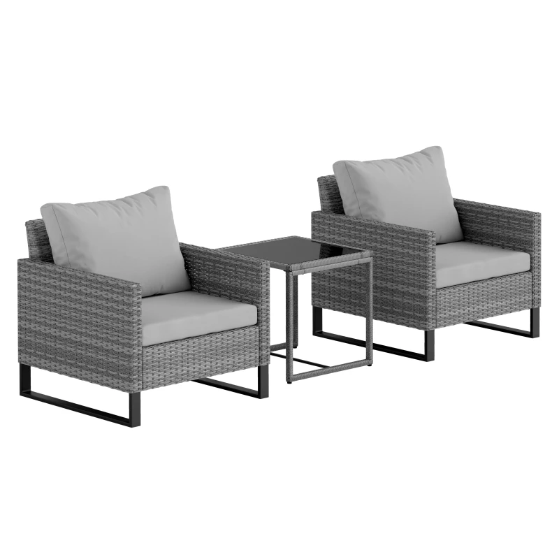 Image of Outsunny Outsunny 3PCS Rattan Bistro Set Glass Top Table and Chairs with 4 Cushions - Light Grey