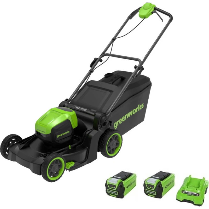 Image of Greenworks MO40L 40v Cordless Brushless Rotary Lawnmower 410mm 2 x 2ah Li-ion Battery Charger MO40L220-01