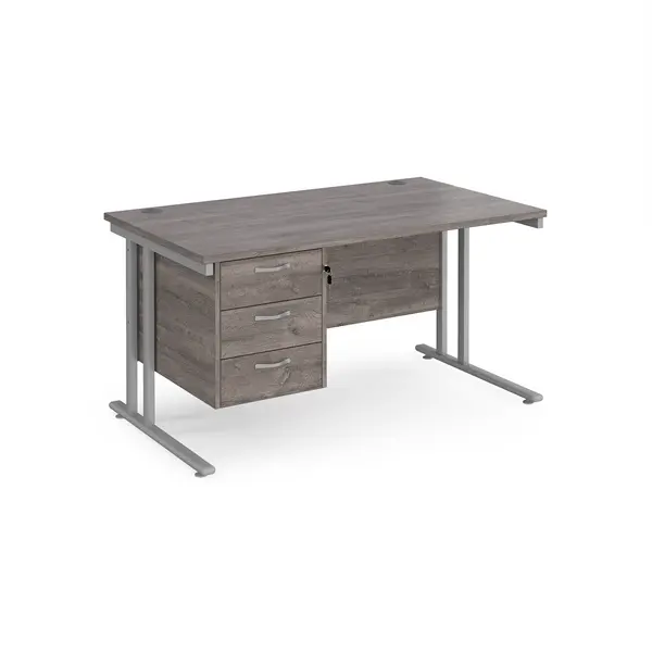 Image of Maestro 25 Grey Oak Straight Desk with 3 Drawer Pedestal and Silver Cantilever Leg Frame - 1400mm x 800mm