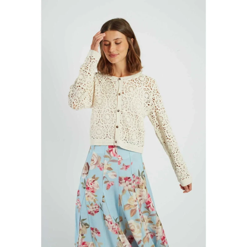 Image of Derhy Womens Crochet Knit Cardigan Derhy Pascaline Beige Female L