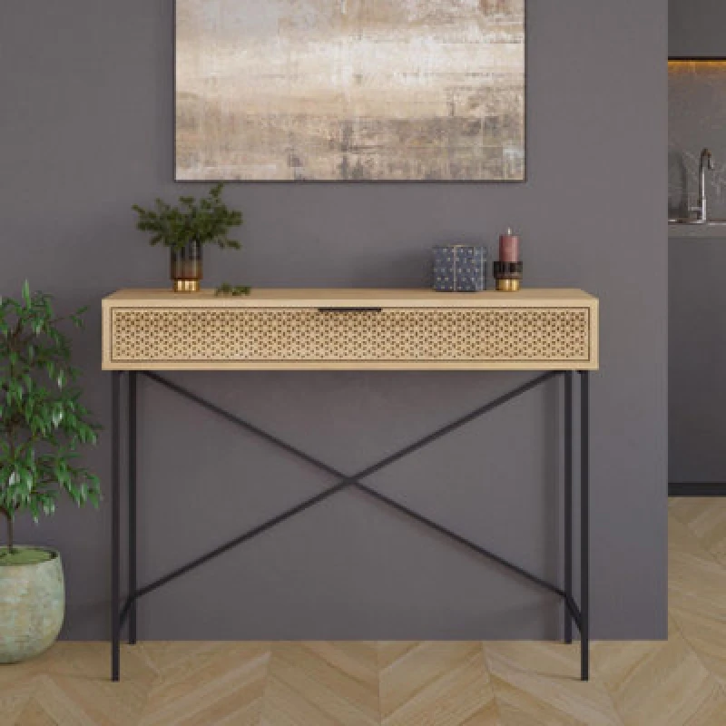 Image of FWStyle FWStyle Naive 1 Drawer Console Table Sapphire Oak Effect Metal Frame Push Open in Brown Brown One Size Unisex 8683628008812