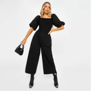 image of Missguided Tall Puff Sleeve Shirred Poplin Jumpsuit - Black