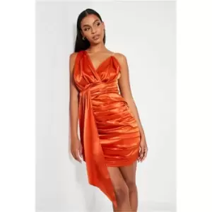 image of I Saw It First Orange Satin Asymmetric Strap Drape Bodycon Dress - Orange