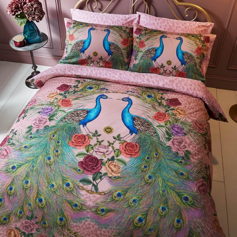 Image of Matthew Williamson Xanadu Peacock 200 Thread Count Cotton Pink Duvet Cover and Pillowcase Set