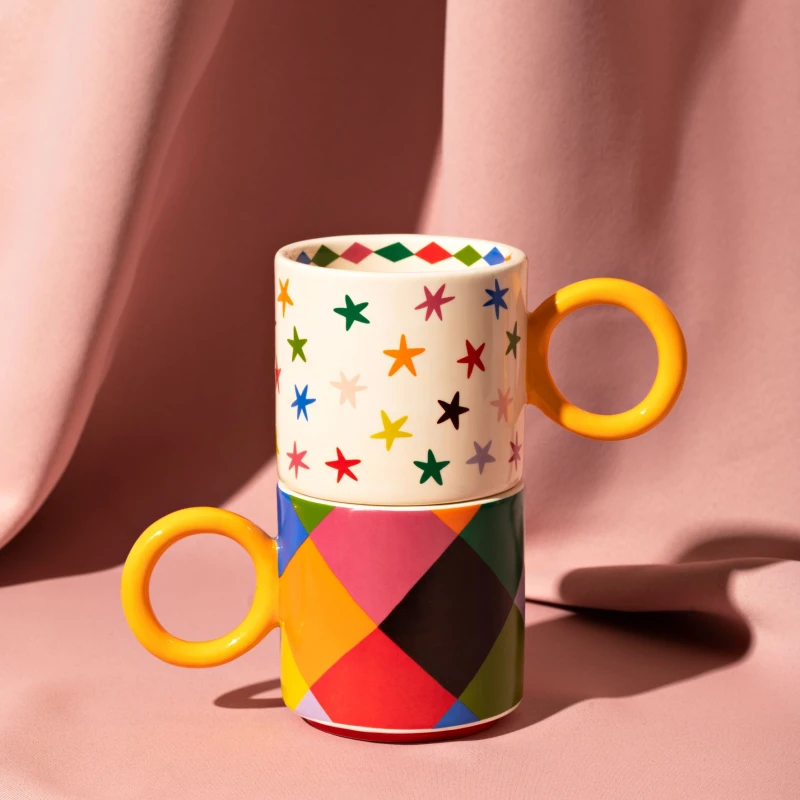 Image of Raspberry Blossom Set of 2 Check and Star Patterned Mugs Orange/Black/Green