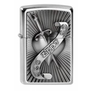 image of Zippo Unisex Adult Heart With Sword Emblem Windproof Pocket Lighter Chrome