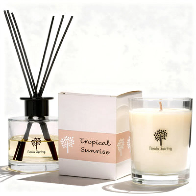 Image of Nicola Spring Candle & Diffuser Set - 400G Tropical Sunrise Soy Wax Jar & 200ml Reed Diffuser Fruity Summer Fragrance Double Wick