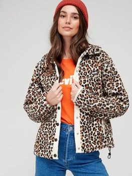 Image of Levis Leopard Print Sherpa Jacket - Brown, Brown Size XS Women
