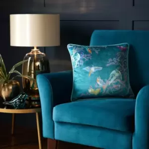 Image of Birdity Absurdity Velvet Piped Edge Filled Cushion, Blue, 43 x 43cm - Laurence Llewelyn Bowen