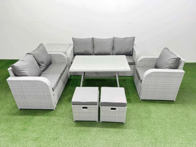 Image of Fimous Patio Dining Table & Chairs Set with Reclining Chair 2 Small Stools in Light Grey Light Grey Unisex