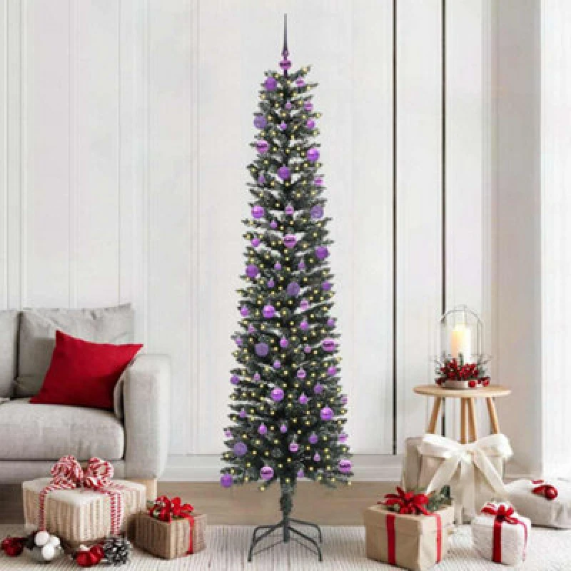 Image of vidaXL Artificial Christmas Tree with 300 LEDs, Lilac Balls Green 58 x 58 x 210 cm, Green 3395958