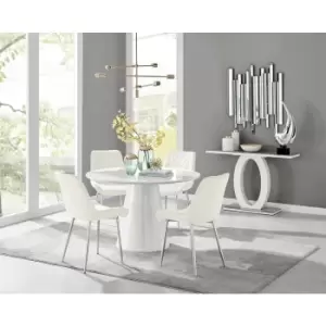 Image of Furniturebox Palma White High Gloss 4 Seat Minimalist Post Modern Round Dining Table & 4 Cream Pesaro Silver Leg Velvet Chairs