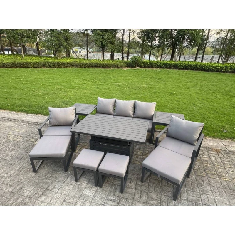 Image of Fimous Aluminum 9-Seater Sofa Set with Lifting Table, 2 Chairs 2 Side Tables in Dark Grey Dark Grey Unisex