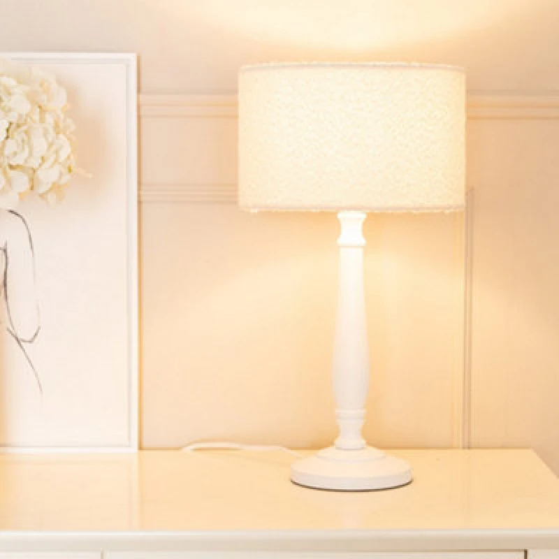 Image of ValueLights Victoria Candlestick White Wood Table Lamp with Cream Boucle Drum Lamp Shade White