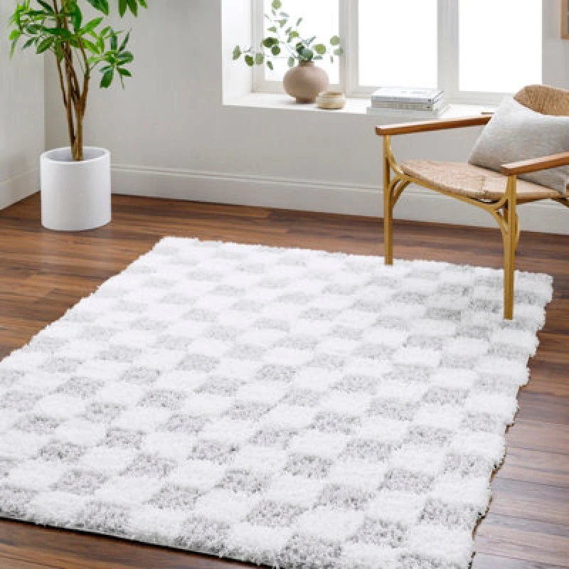 Image of Livabliss Shaggy Modern Plush Pile Light Grey Checkered Willa Area Rug 200 X 290 Cm - Easy Care, Ideal For Living Room & Bedroom
