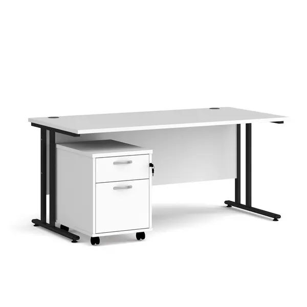 image of Maestro 25 Straight Desk with Black Cantilever Frame and 2 Drawer Pedestal - White - 1600mm x 800mm