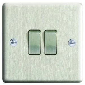 image of Wickes 10A Light Switch 2 Gang 2 Way Brushed Steel Raised Plate