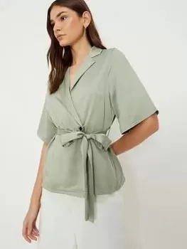 image of Dorothy Perkins Satin Wrap Blouse - Olive, Green, Size 14, Women