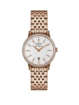 image of Rotary Rotary Silver Sunray Crystal Set Date Dial Rose Gold Stainless Steel Bracelet Ladies Watch