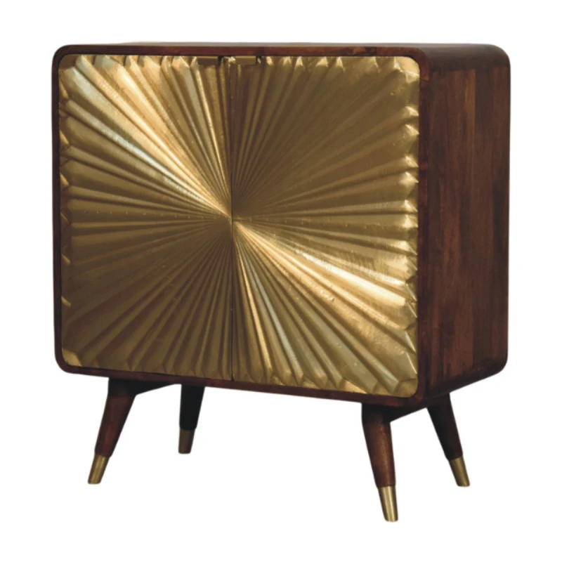 Image of Artisan Furniture Artisan Furniture Solid Wood Avora Brass Embossed 2 Door Chestnut Cabinet, Dark Brown & Golden