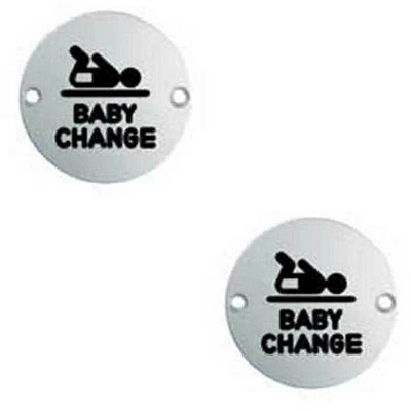Image of Loops 2x Bathroom Door Baby Change Sign 64mm Fixing Centres 76mm Dia Satin Steel Metallics