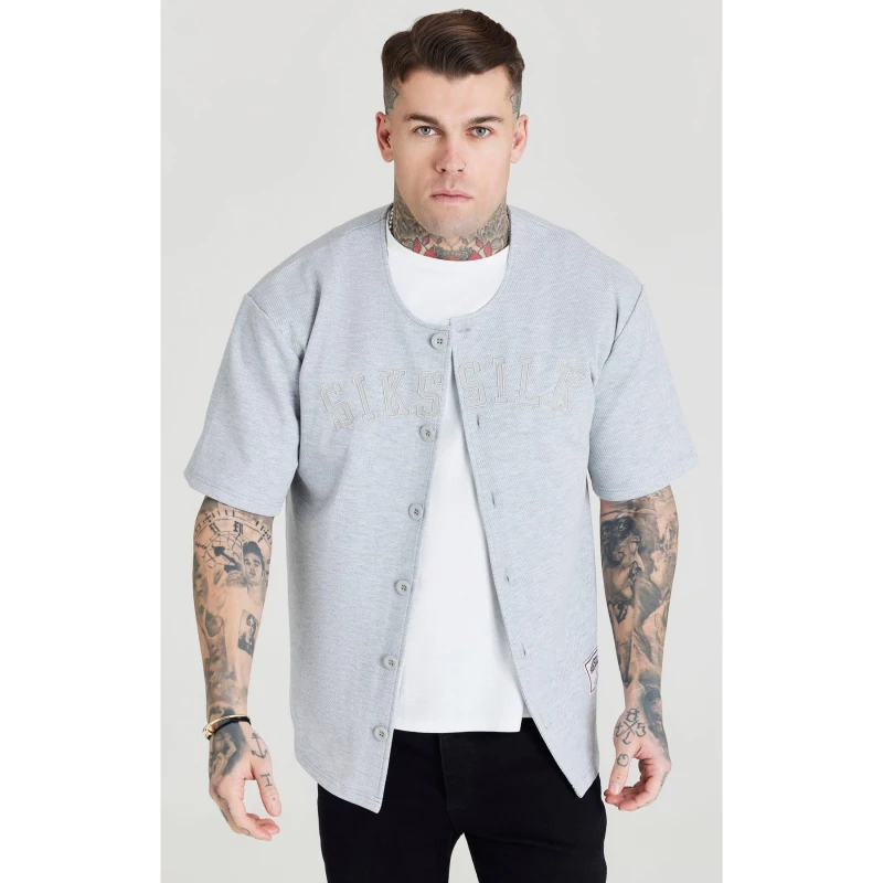 Image of SikSilk Applique Logo Baseball Jersey - Grey Grey S