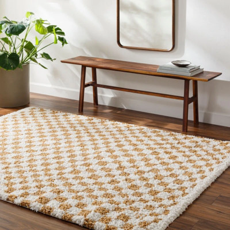 Image of Livabliss Shaggy Modern Plush Pile Saffron Checkered Kittu Area Rug 160 X 213cm - Easy Care, Non Shedding, Ideal For Living Room & Bedroom