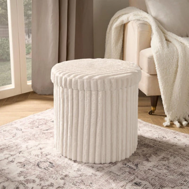 Image of OHS OHS Storage Box Lid Ottoman Folding Ribbed Fleece Footstool Tub in Cream Cream One Size Unisex 5027434217373