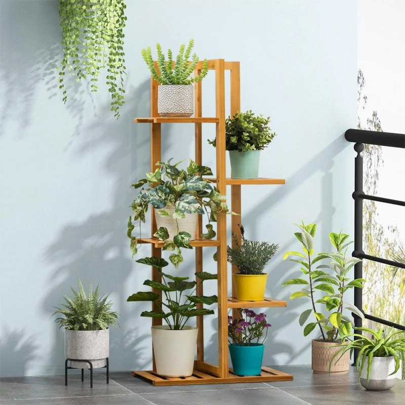 Image of LIFE IDEAS Rustic Wooden Multi-Tiered Potted Plant Stand Brown unisex One size
