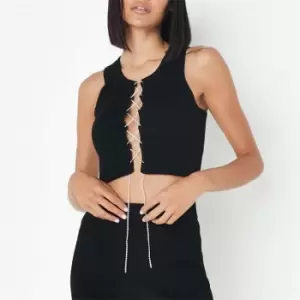 image of Missguided Co Ord Rib Diamante Lace Up Crop Top - Black