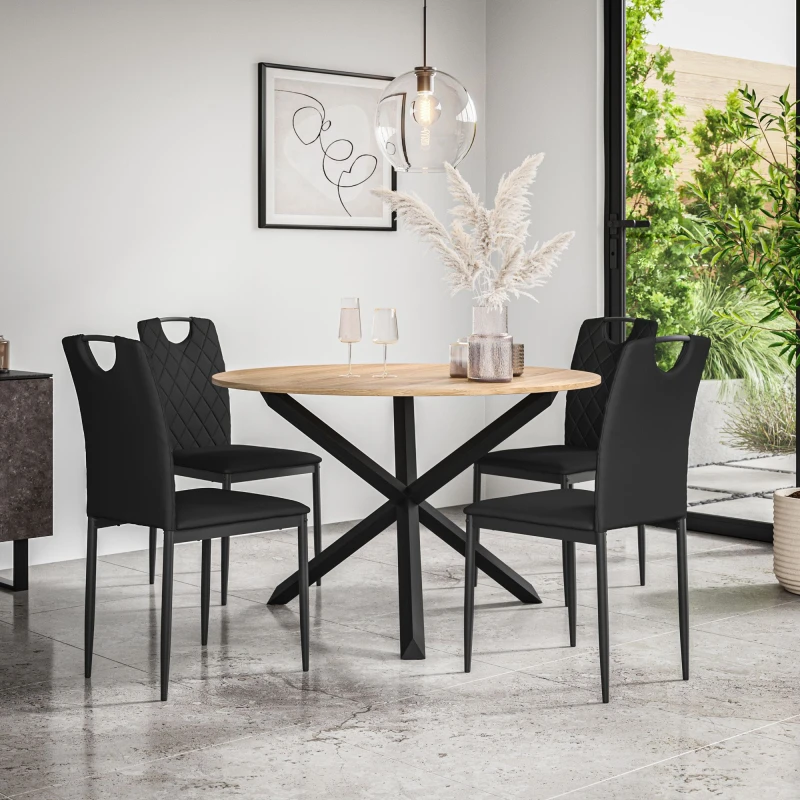 Image of More4Homes Malvern Round Dining Table And Chairs - Oak Table Top W Solid Oak Black Legs + Monza Faux Leather Dining Chair Set Of 4 (Black)