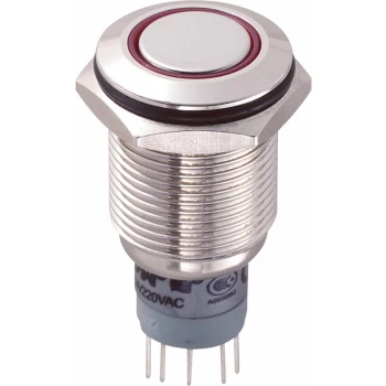 Image of 524589 16mm IP67 Vandal Resistant Switch DPDT Red Ring LED Flush Nickel - R-tech