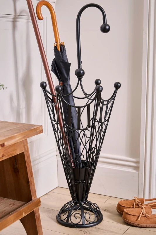 Image of Dibor Vintage Matte Black Metal Large Scrolled Freestanding Umbrella Stand H91 x W34cm Black Unisex