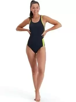 Image of Speedo Boom Logo Splice Muscleback Swimsuit, Dark Blue, Size 30, Women