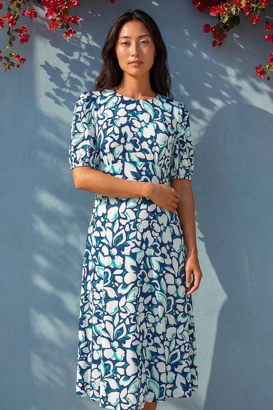 Image of Roman Womens Petite Floral Stretch Midi Dress in Navy Size: 16 Navy Female 16