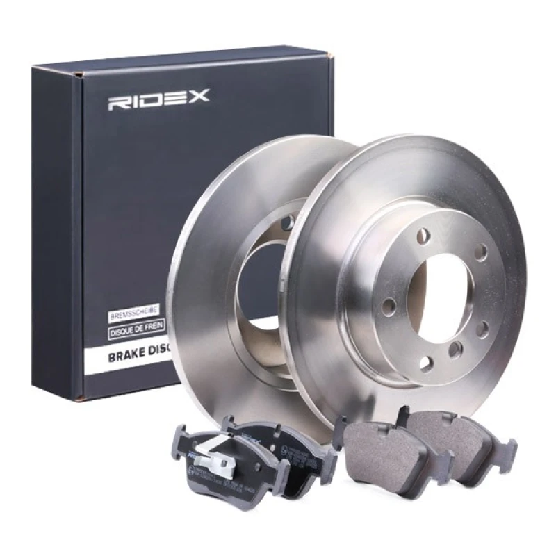 Image of RIDEX 3405B0185 Brake disc and pads set Front Axle, Brake Disc Type: Solid, excl. wear warning contact Brake Set,disc brakes (3405)