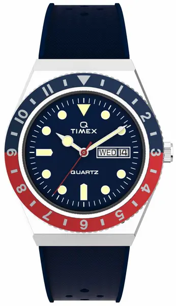 Image of Timex TW2V32100 Q Timex Two Tone Red and Blue Bezel Watch
