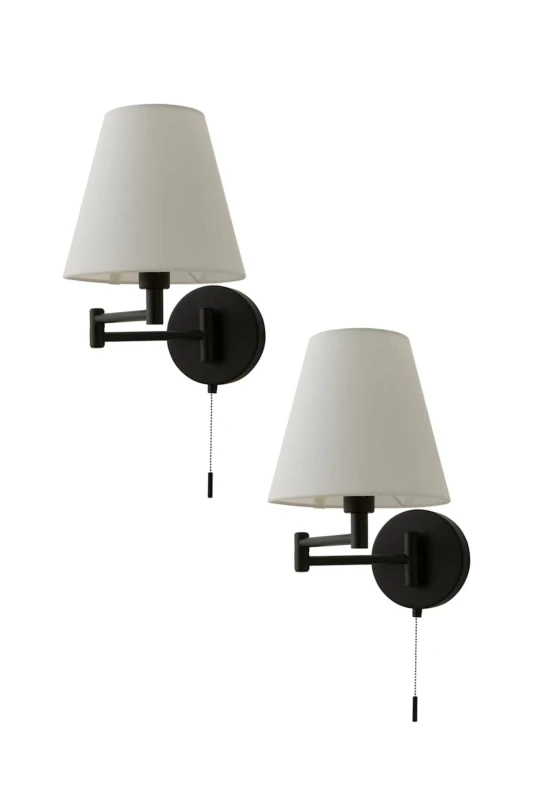 Image of ValueLights Sonia Pair of Swing Arm Wall Lights with Taper Linen Shades & Bulbs in Black Unisex