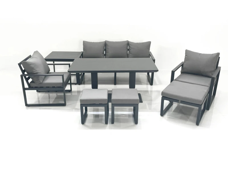Image of Fimous 8 Seater Aluminium Outdoor Garden Furniture Set w/ Adjustable Rising Lifting Dining Table 3 Seater Sofa 2 Chair 3 Footstool Side Table Dark Dar