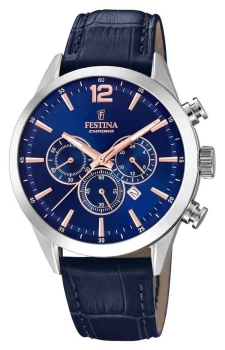 Image of Festina F20542-4 Mens Chronograph Blue Leather Strap Wristwatch Colour - Silver Tone