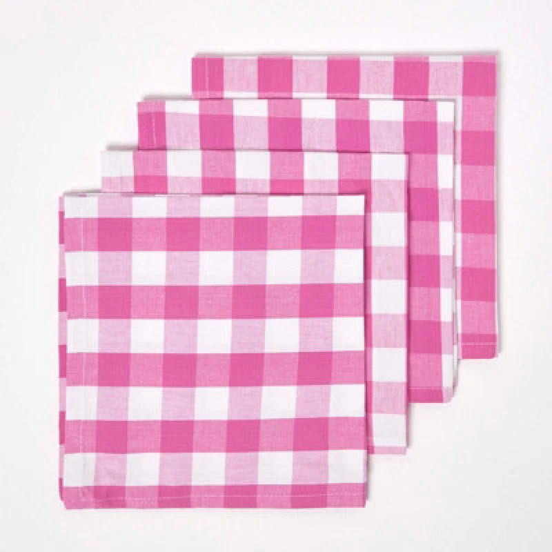 Image of Homescapes Block Check Cotton Gingham Napkins, Set of 4 Pink