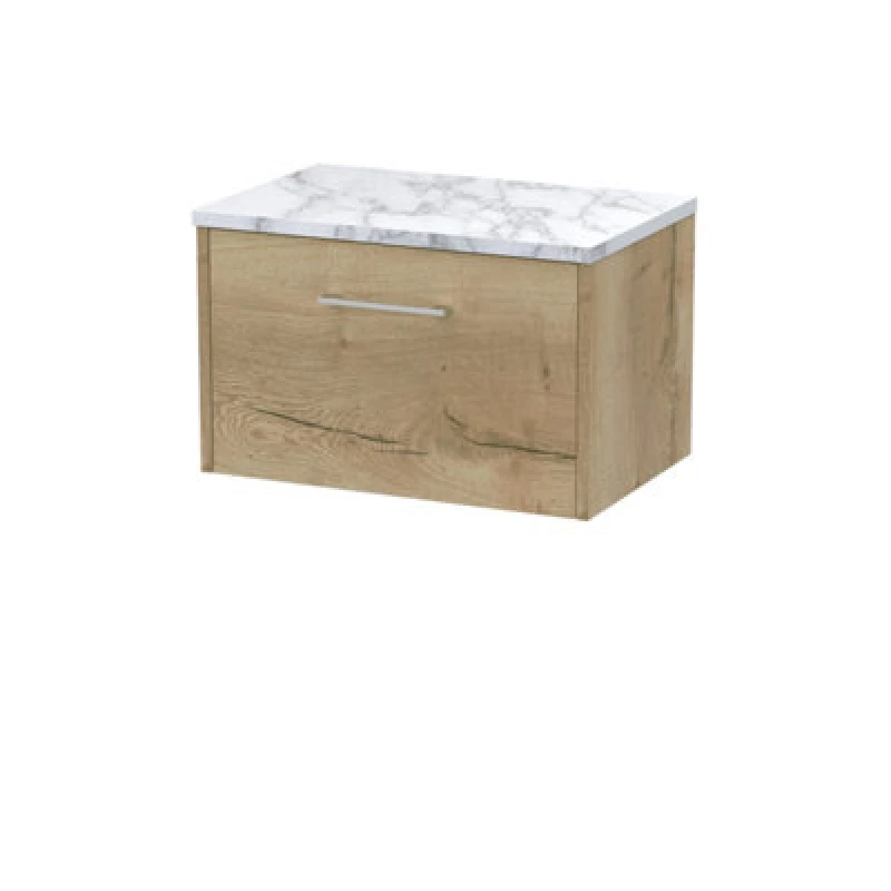 Image of Nuie Hudson Reed Juno Wall Hung 1-Drawer Vanity Unit & Carrera Marble Worktop, Stylish Countertop Basin Unit In Autumn Oak, 600mm