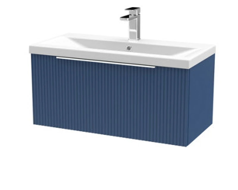 Image of Hudson Reed Fluted 800mm Satin Blue Wall Hung Single Drawer Vanity Unit With Mid-Edge Basin-Satin Blue