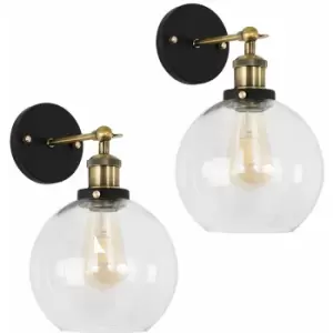 image of Minisun - 2 x Industrial Black & Gold Wall Light Fittings with Clear Glass Globe Shade - No Bulbs