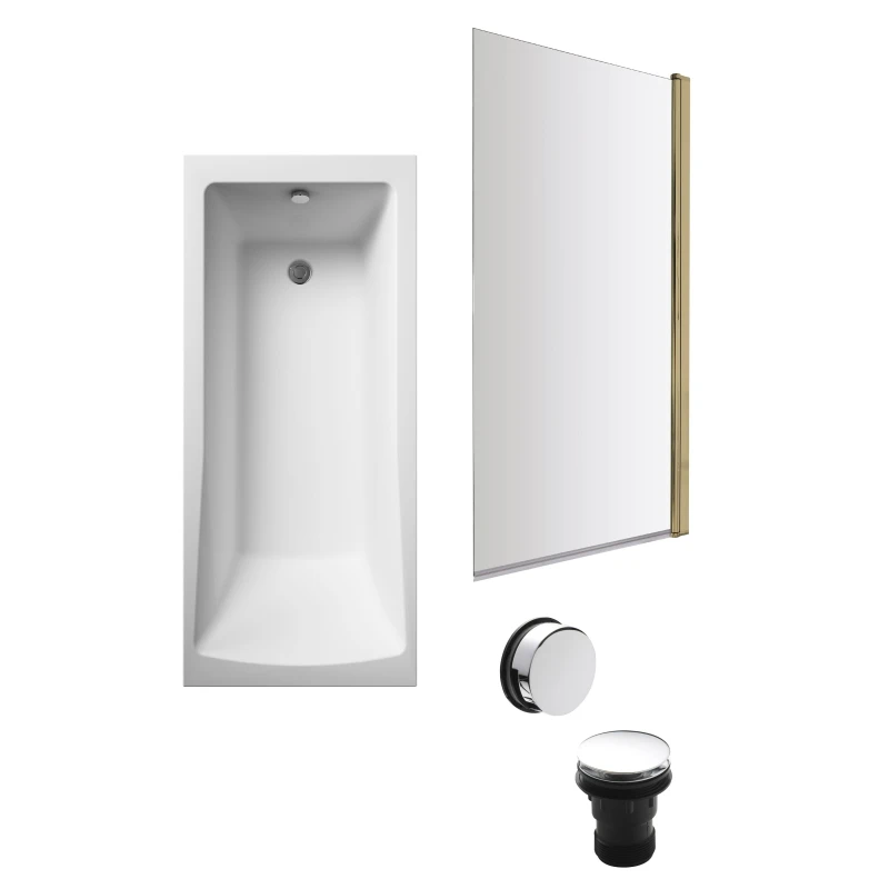 Image of Balterley Square Bath, Brushed Brass Screen and Chrome Waste 1700 x 700mm Silver