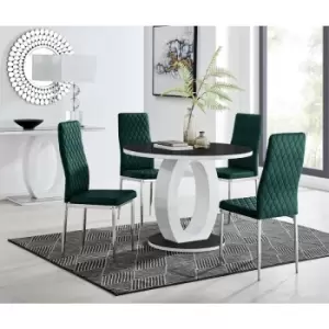 Image of Furniturebox UK - Furniturebox Giovani Black 100cm Round Dining Table and 4 Green Velvet Milan Dining Chairs With Silver Legss