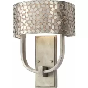 image of Loops - Twin Wall Light Light Metal Chips Off White Linen Shade Old Silver LED E27 60W