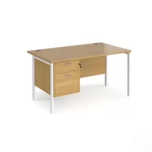 image of Office Desk Rectangular Desk 1400mm With Pedestal Oak Top With White Frame 800mm Depth Maestro 25 MH14P2WHO